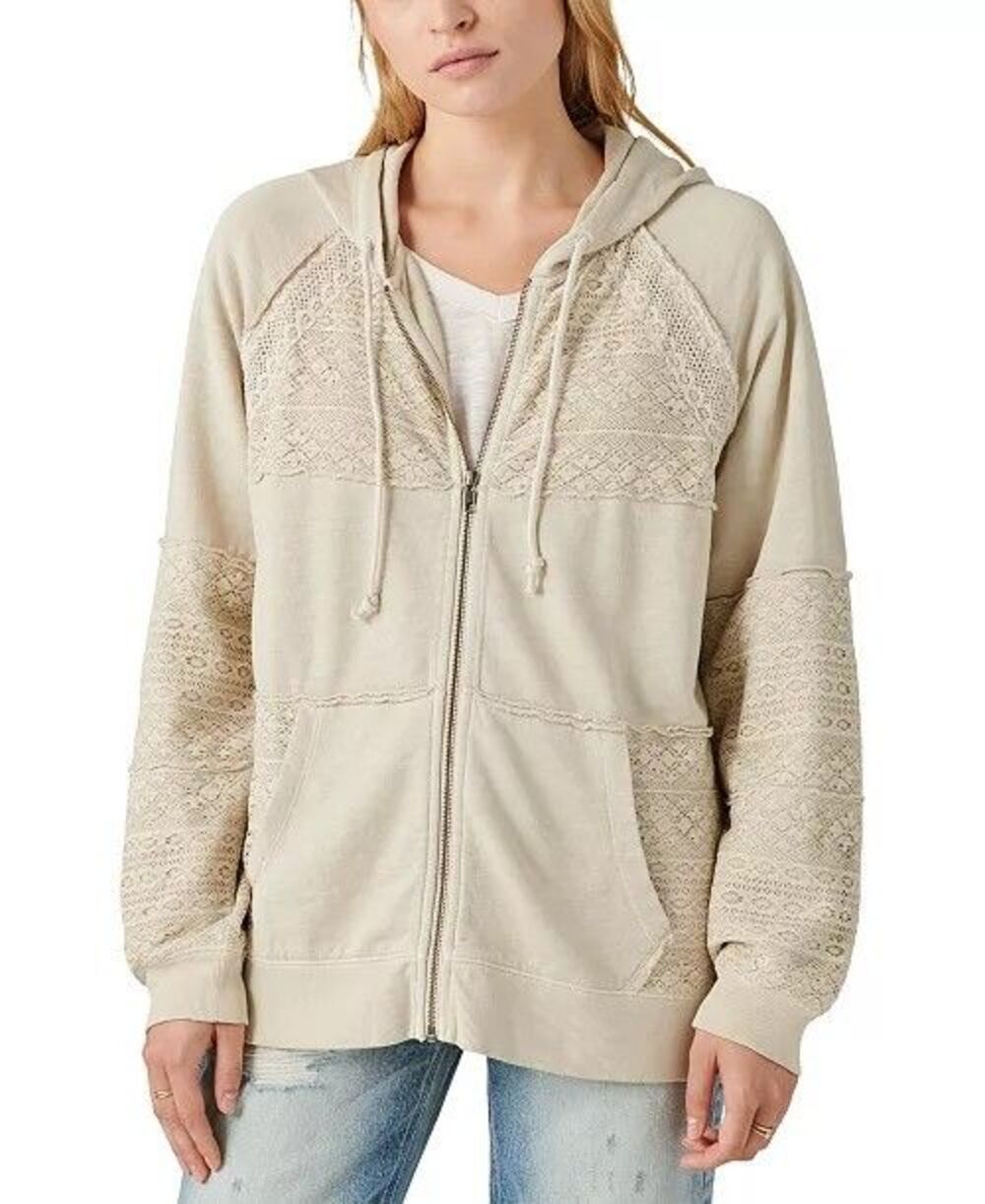 Lucky Brand Women's Lace Accent French Terry Full Zip Hoodie Jacket Size Large